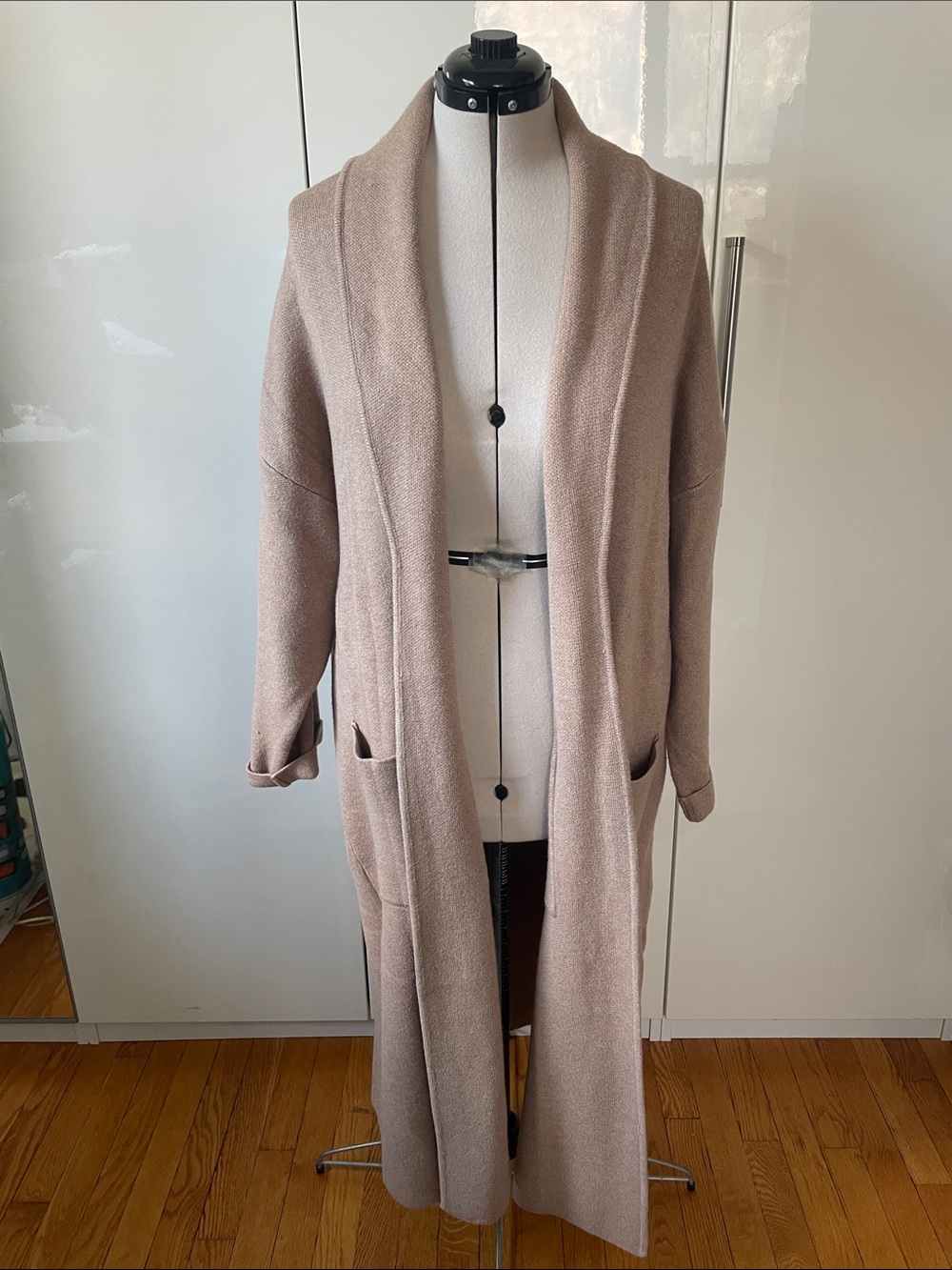 Mango Long Open-Front Shawl Collar Cardigan in Taupe